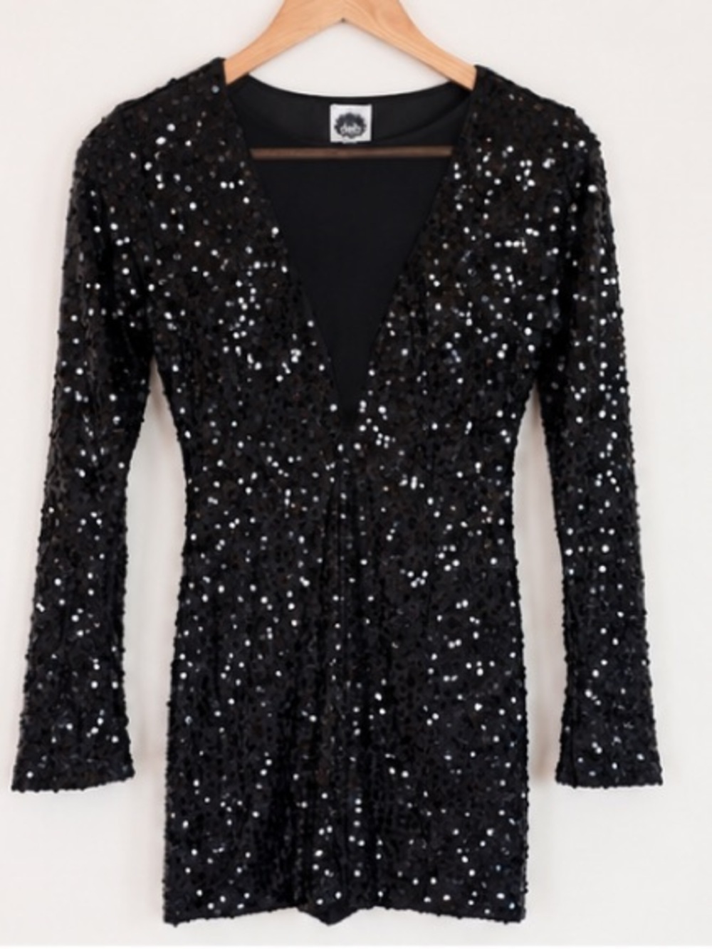 Y2K Deb Black Sequin Mini Dress Size S Deep V Neck Long Sleeve Party Club